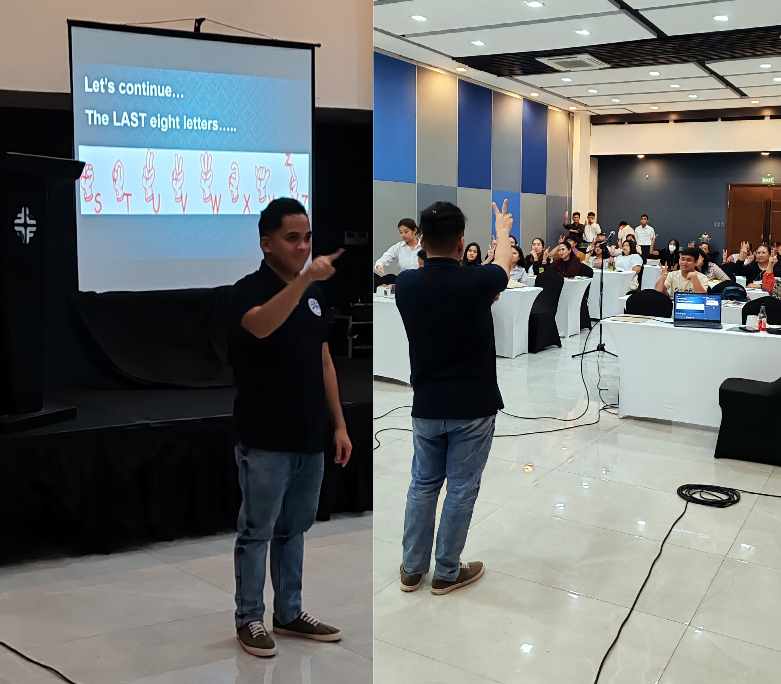 Deaf Tutor Elizar Bic Pongos conducts sign language training to personnel of the Department of Social Welfare and Development - Region IVA this June 26, 2024.